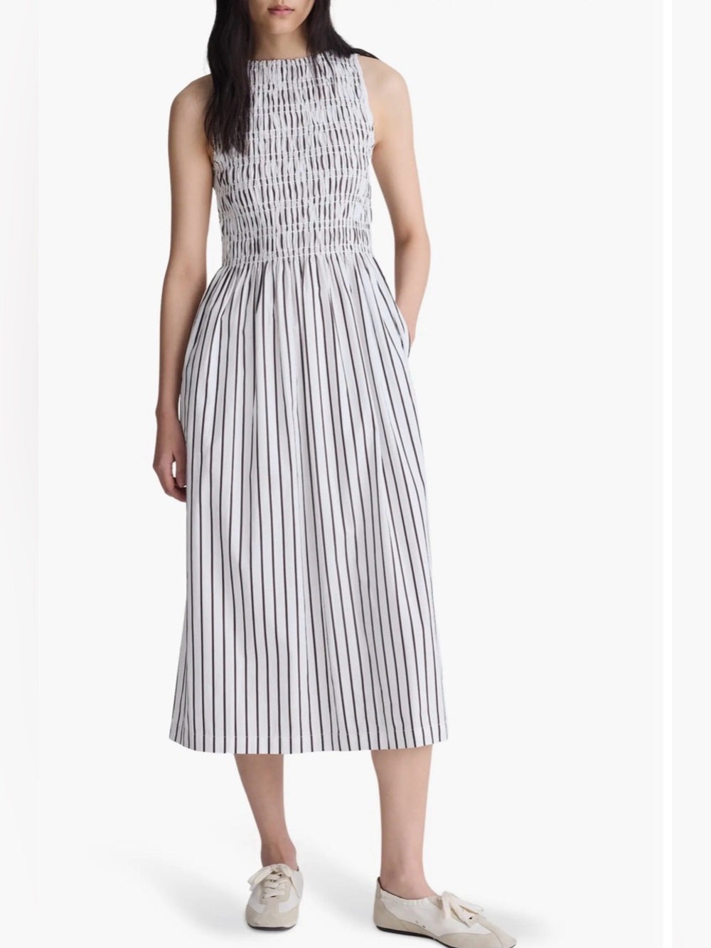 Madewell Melody Smocked Sleeveless Striped MIDI Dress—SUMMER, Black & White—NWOT